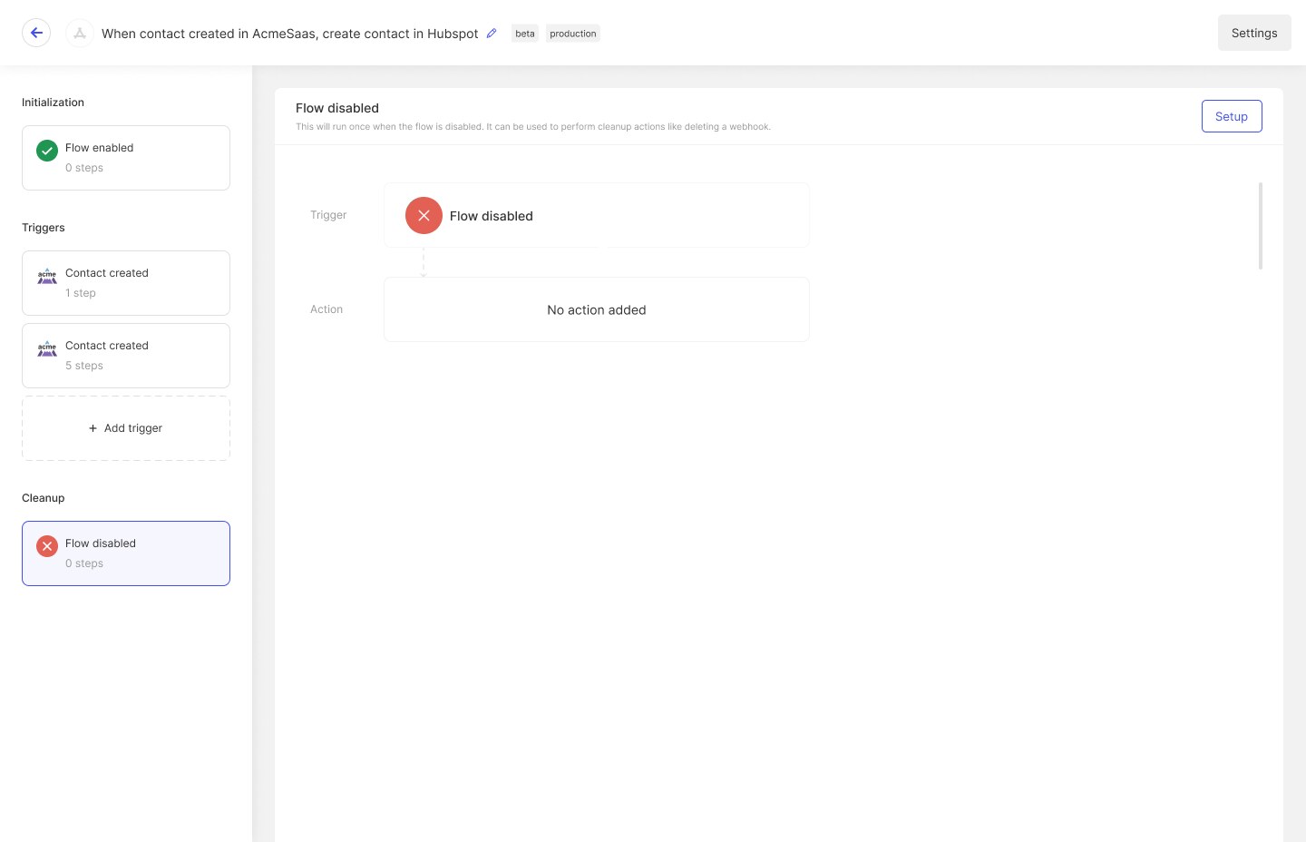 Cleanup editor explaining actions that run once when a flow is disabled