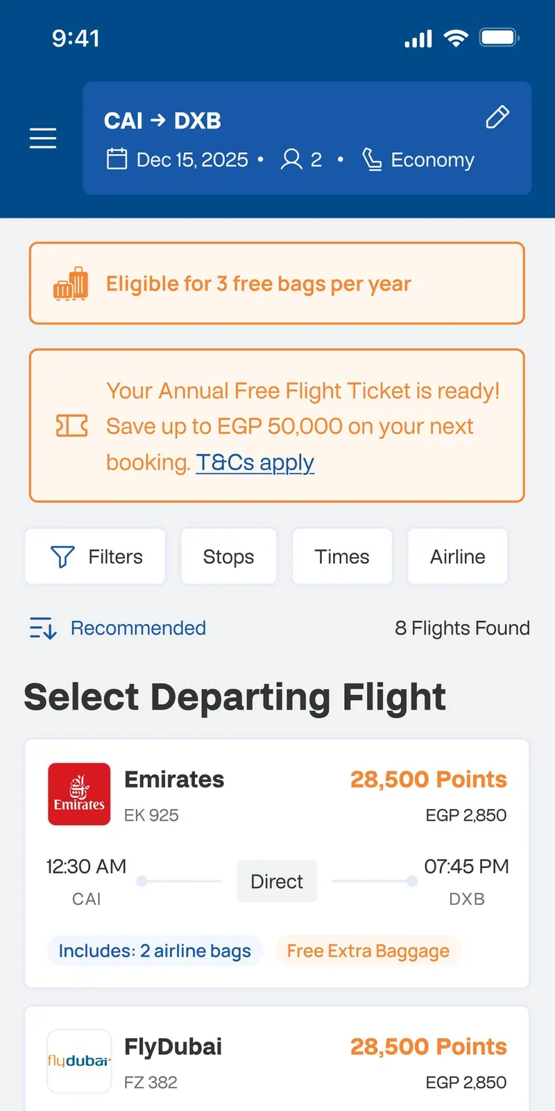 Flight results with benefit banners
