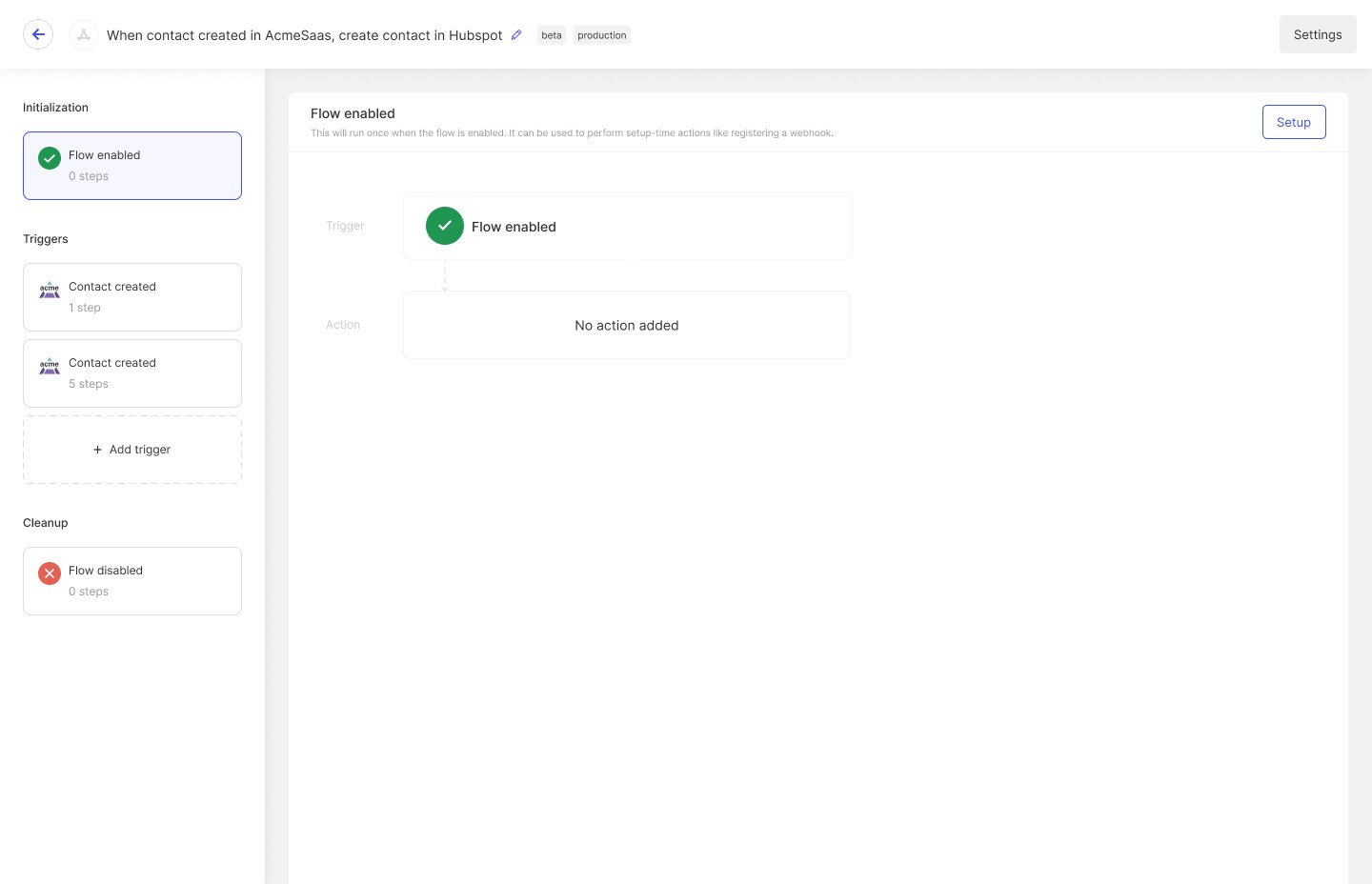 Initialization editor explaining actions that run once when a flow is enabled