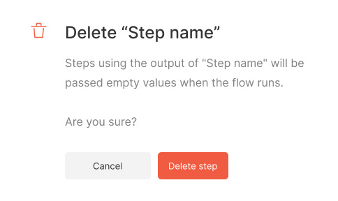 Integry delete-step warning explaining the effect on steps that use its output