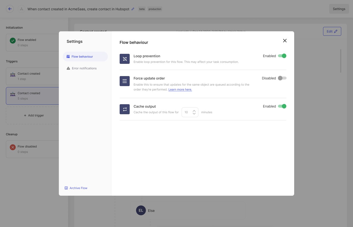 Integry Flow behaviour settings with loop prevention, update order, and cache output controls