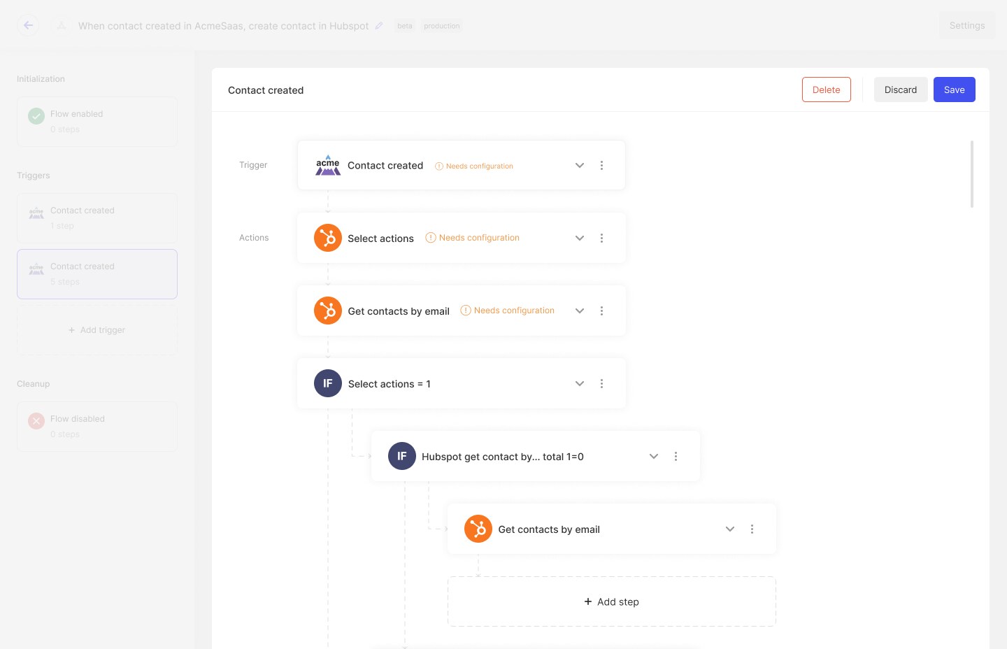 Integry Flow Builder with lifecycle navigation, configuration warnings, nested IF logic, and insertion points