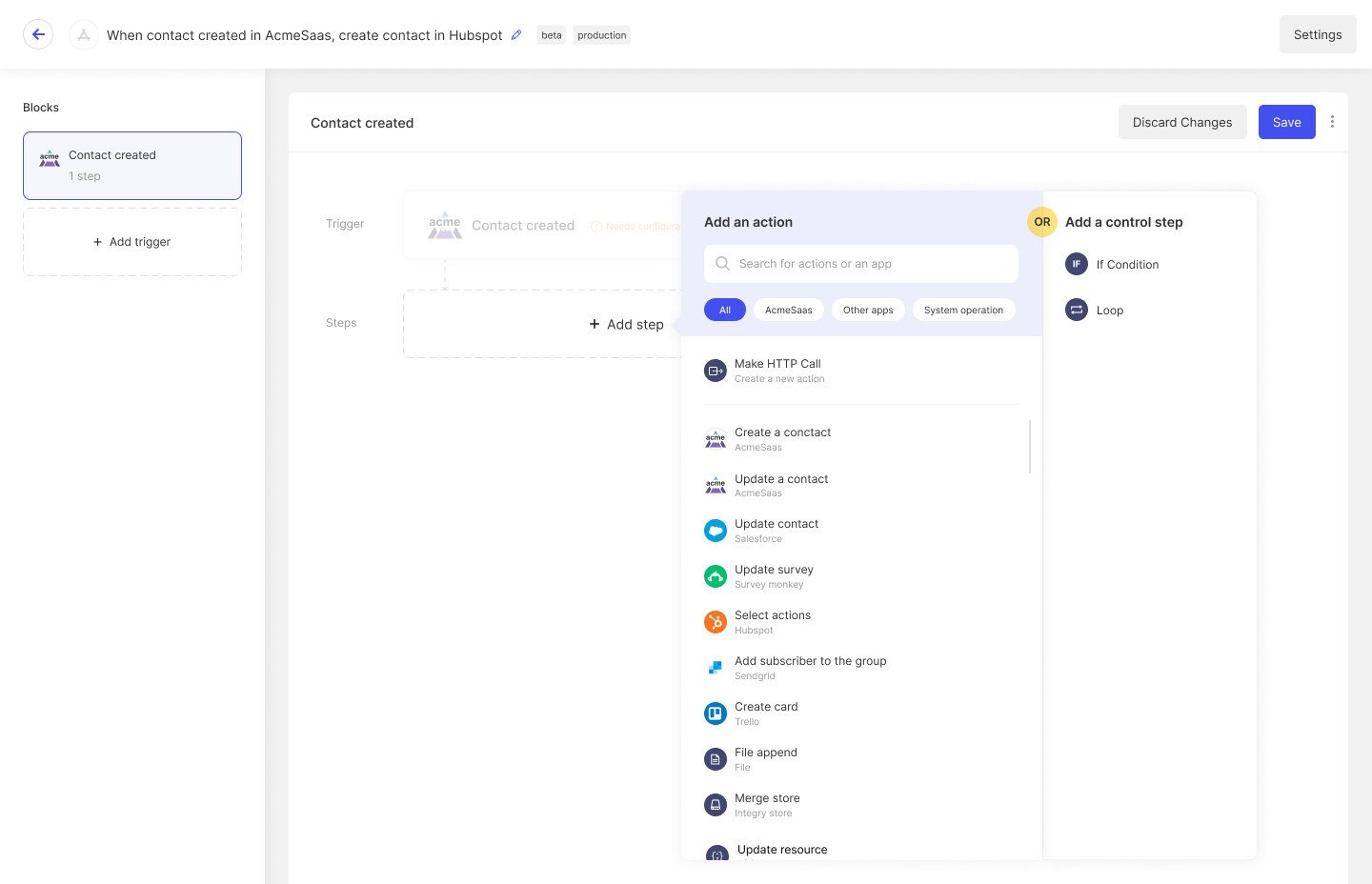 Integry picker separating app actions from IF and Loop control steps