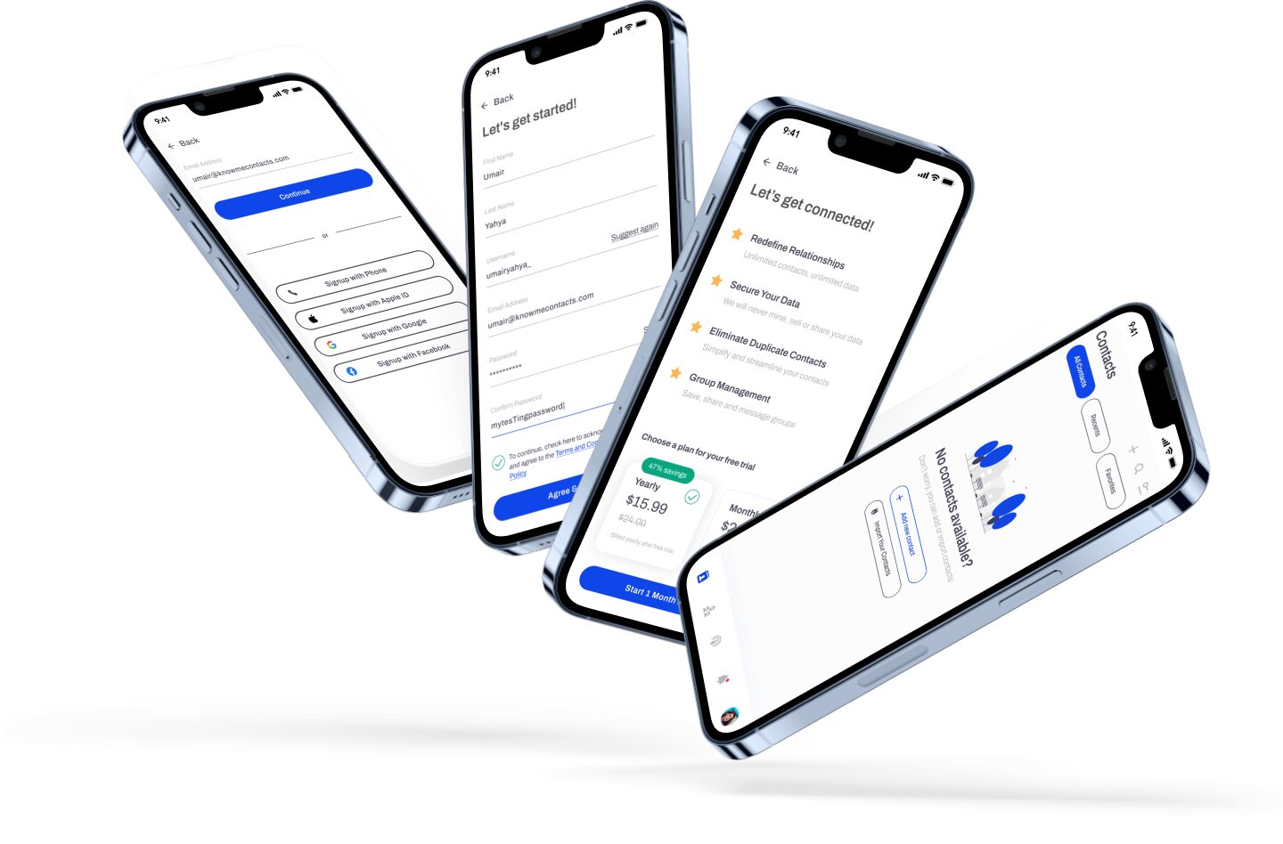 KnowMe account creation and first-use screens shown across four phones