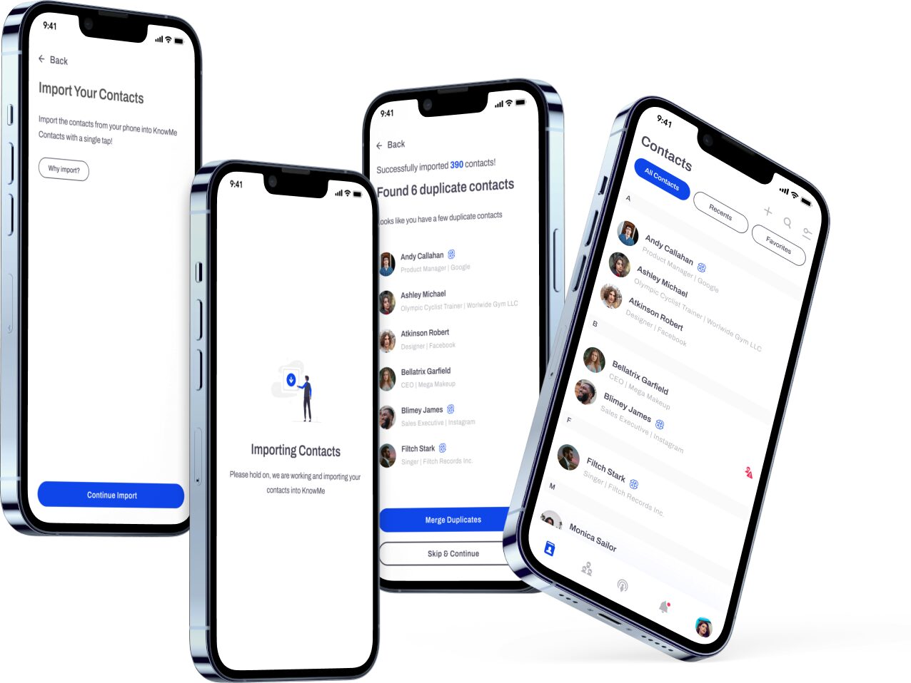 KnowMe contact import, processing, duplicate review, and contact list screens