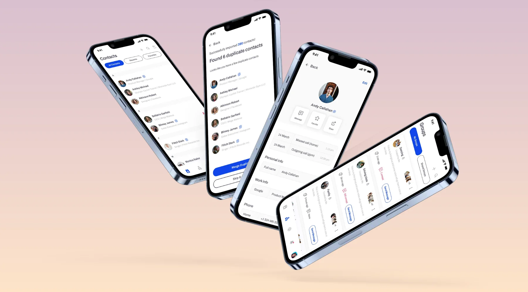 KnowMe contacts list, duplicate detection, contact profile, and groups shown across four phones