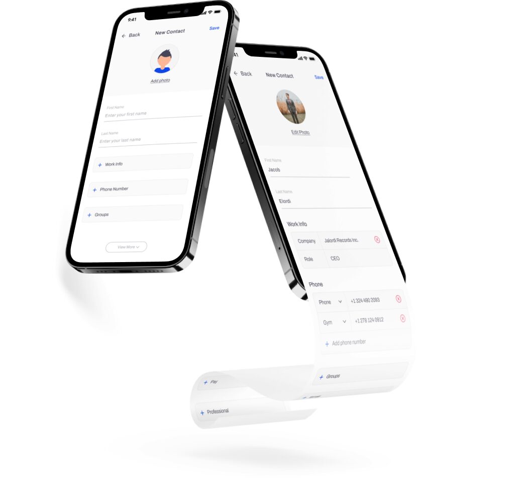 KnowMe progressive new-contact form on two mobile phones
