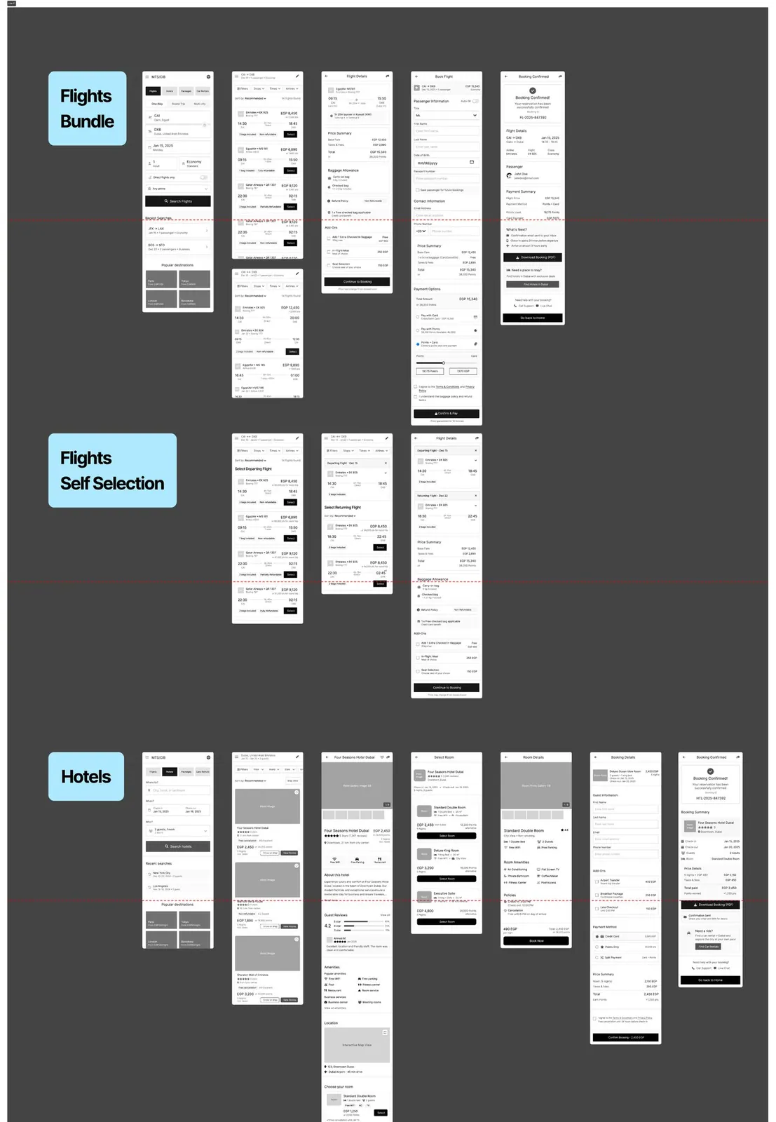 Low fidelity wireframes for flights and hotels