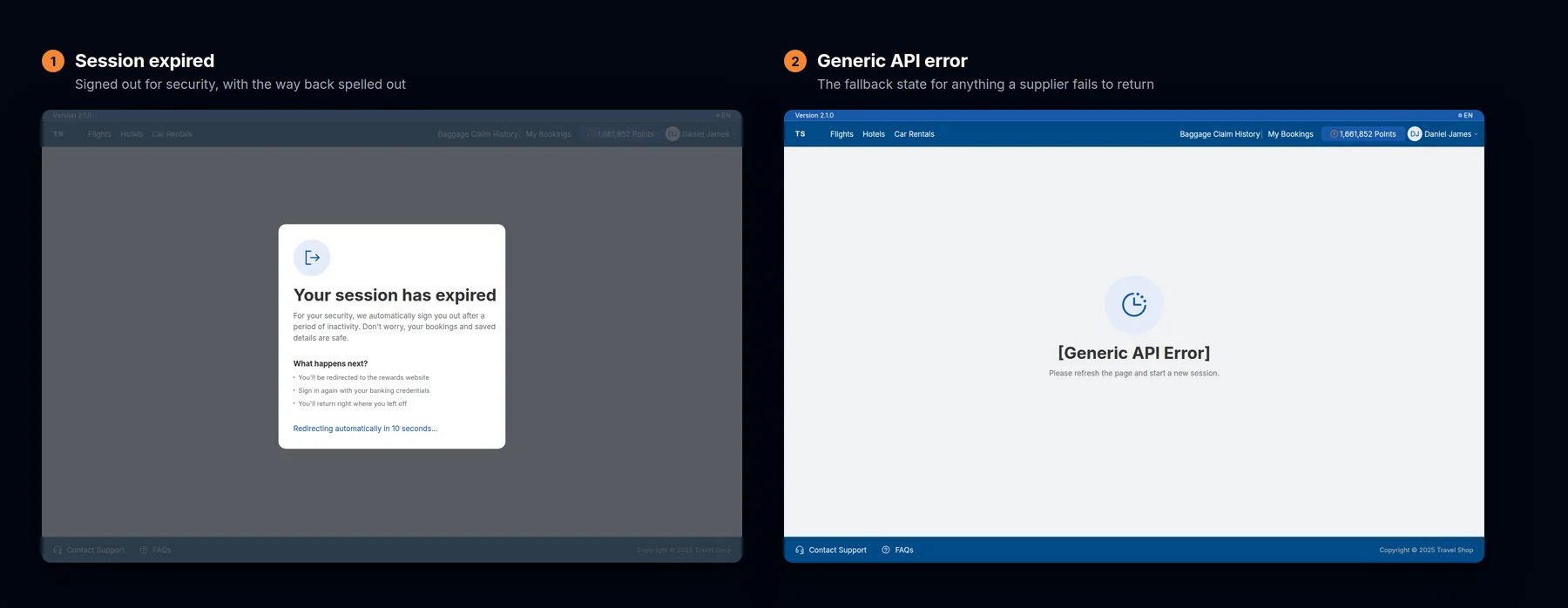 Session expired screen with a recovery path, and the generic API error state