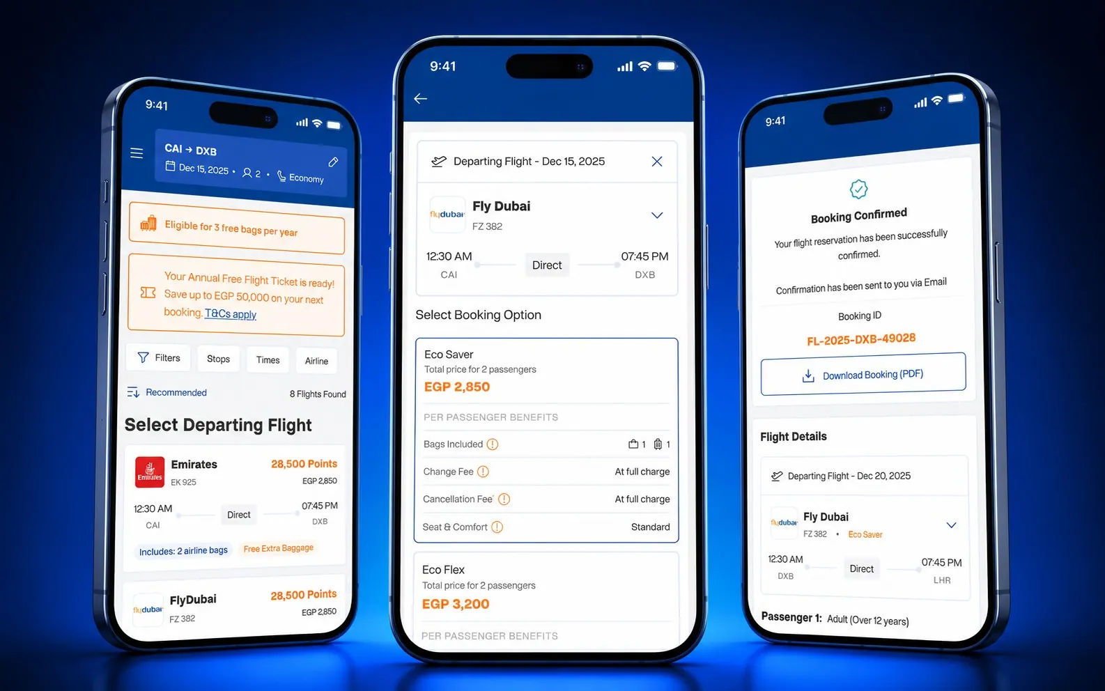 TravelShop flight booking experience across three screens