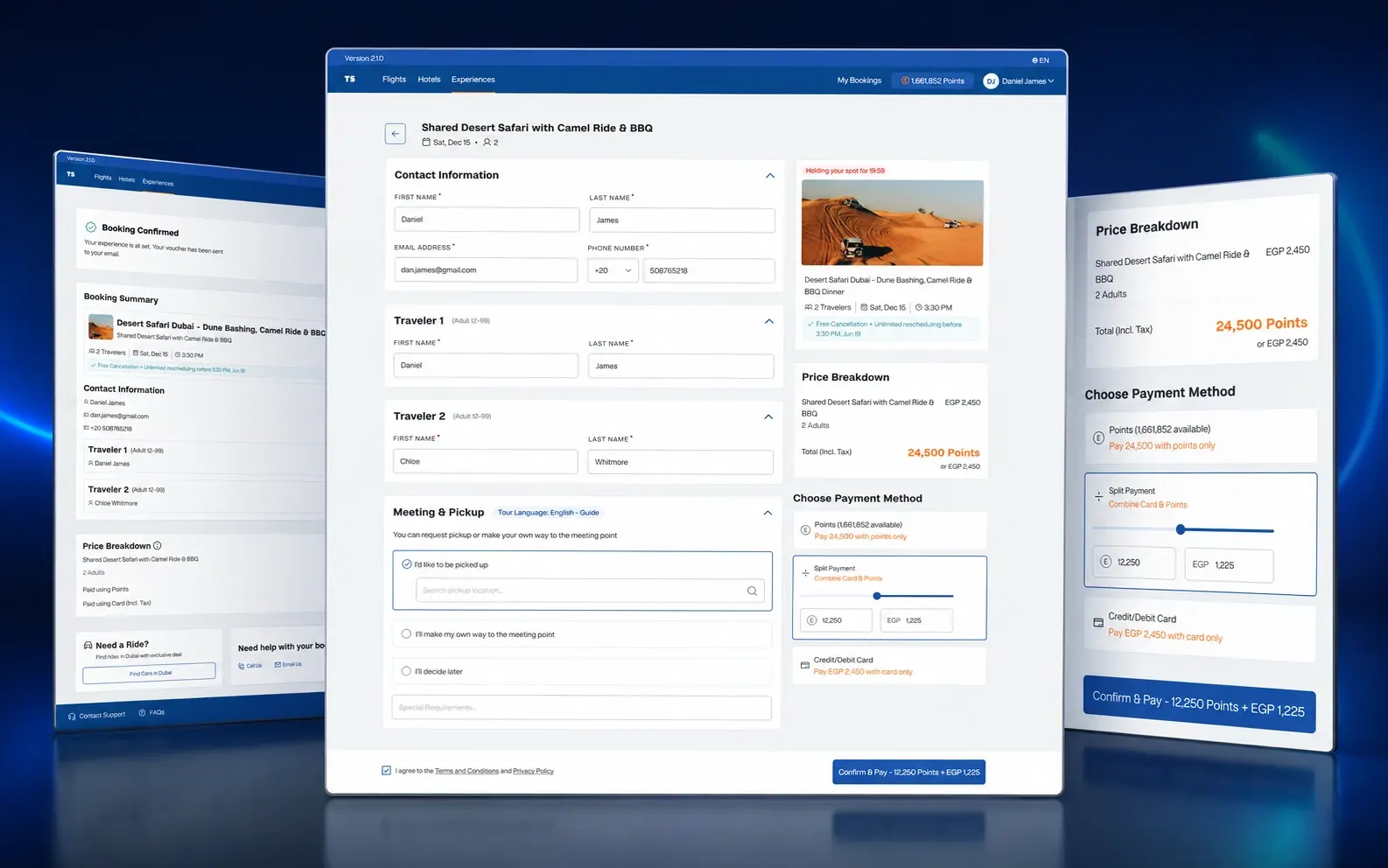 TravelShop split payment experience showing points and card breakdown