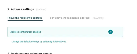 Address-setting tabs switch between having a recipient address and requesting one, while the enabled state confirms address verification.