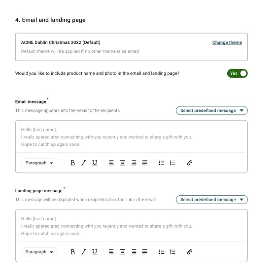 Three message areas are stacked for recipient email, recipient landing page and physical gift notecard.