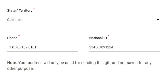 A United States address form asks for a required National ID beside the phone number.