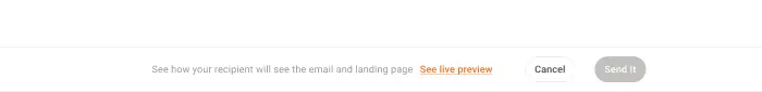 The sender page footer contains a small See live preview link beside Cancel and Send it actions.