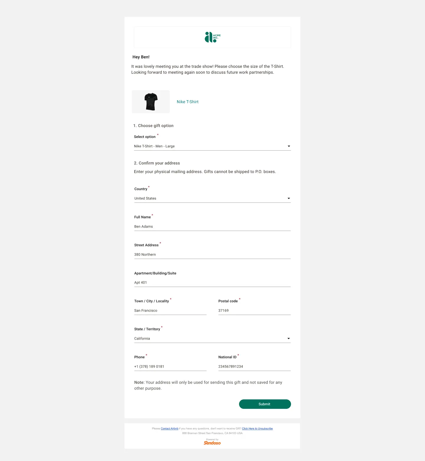 The recipient address confirmation experience with gift selection and fulfilment details.