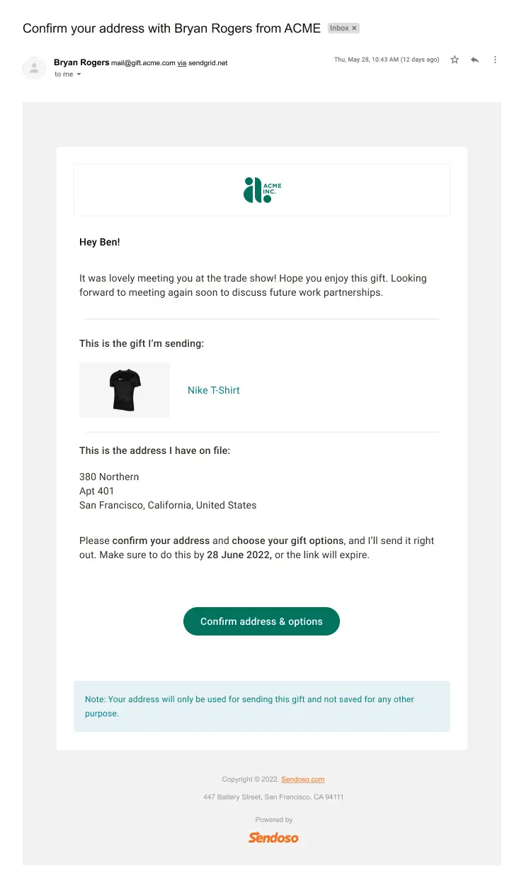 The recipient email explains who sent the gift, reveals the product, shows the stored address and provides one confirmation action.