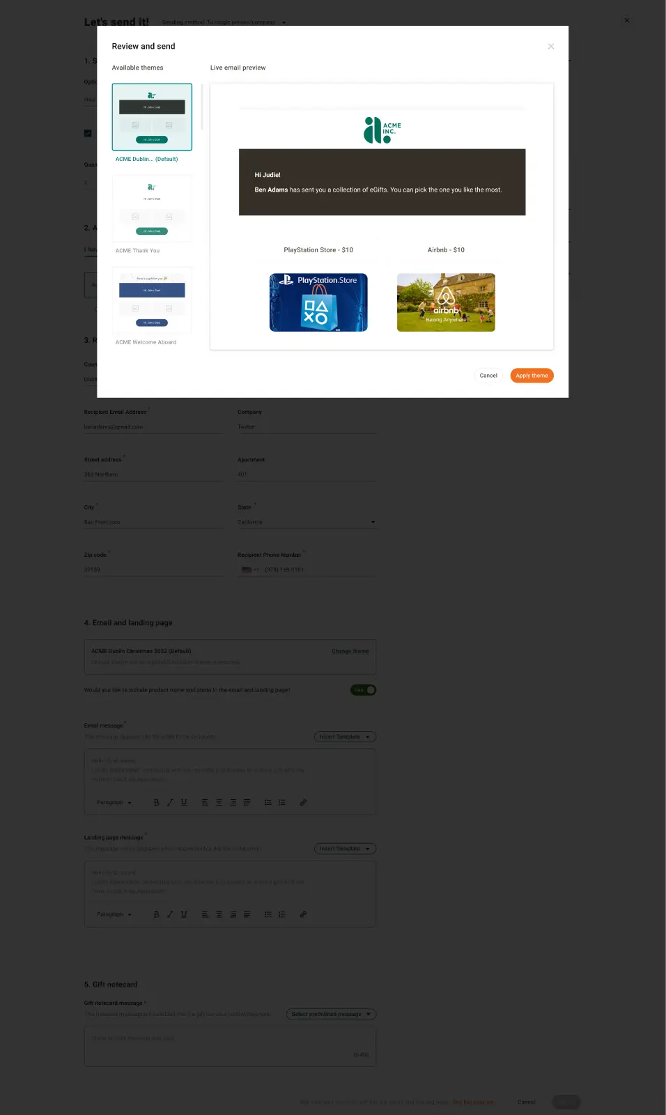 The Review and send modal combines available themes, a live email preview and two eGift choices.