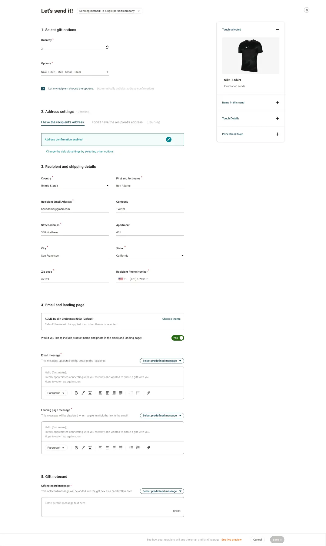 The sender configuration experience showing gift choices, address settings, recipient details and messages.