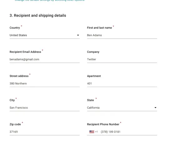 Sender details combine a Gmail recipient, Twitter as the company, a San Francisco address and postal code 37169.