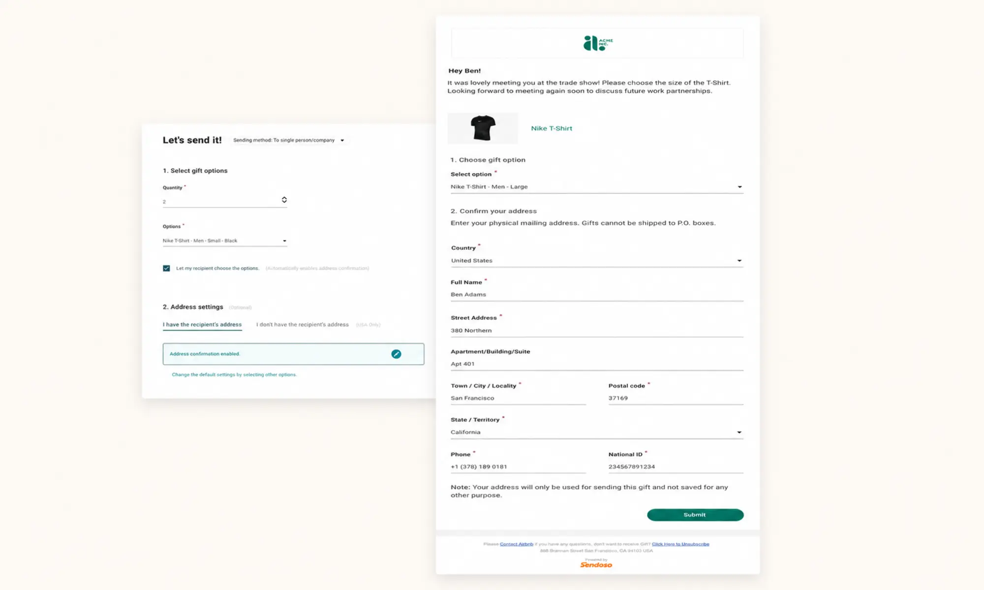 Sendoso sender settings and recipient address validation interfaces