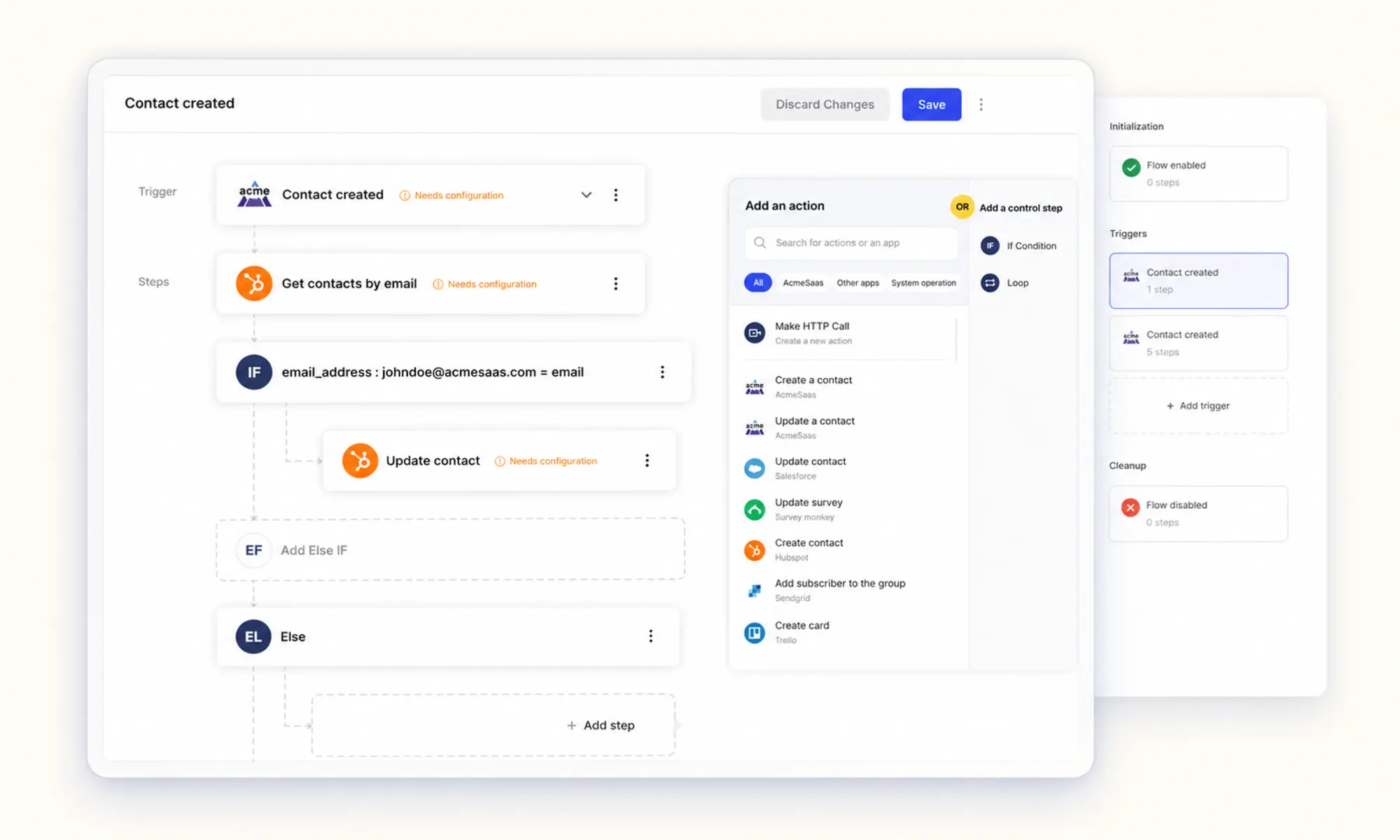 Integry Flow Builder with action selection and lifecycle states