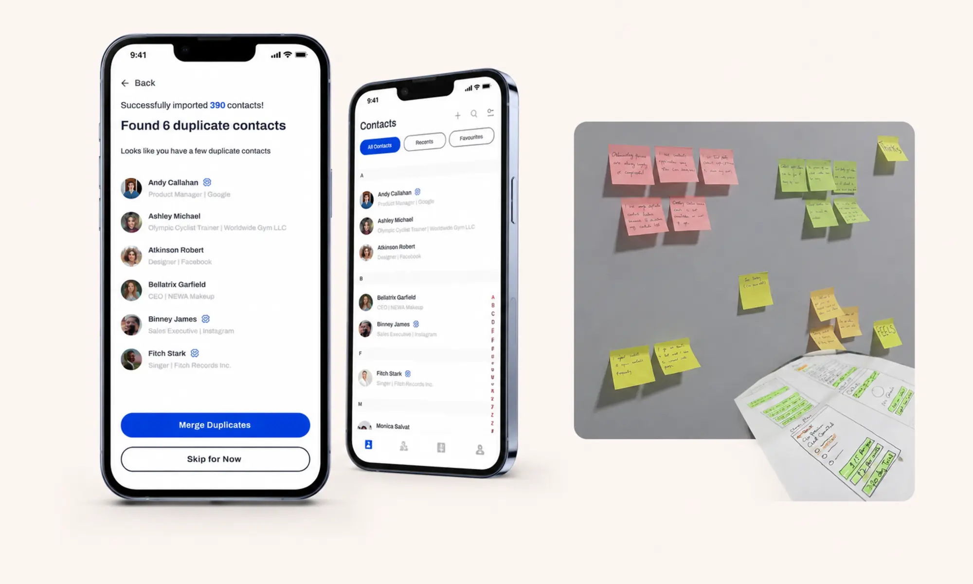 KnowMe duplicate contact recovery screens with research artifacts