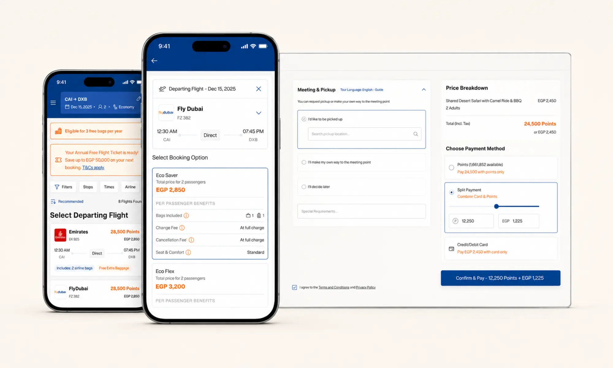 TravelShop flight selection and split-payment interfaces across mobile and desktop